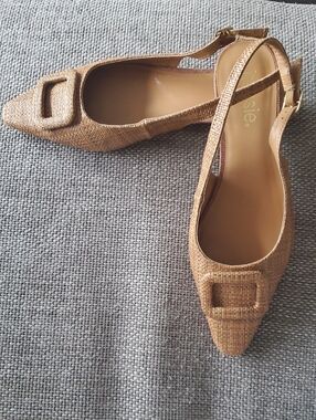 Kenzie Tan Raffia Pointed-Toe Slingback Flats with Buckle Accent